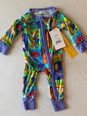 Rugrats Cartoon Patchwork Bamboo Zippy  in Green & Purple NB